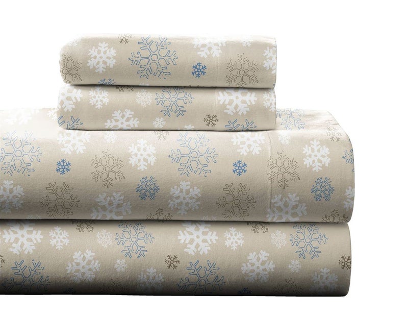 Pointehaven Flannel 170 GSM Sheet Set,Twin Snow Flakes Oatmeal - Image 1